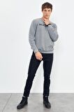 Gri Melanj Yazı Nakışlı O Yaka Rahat Form Erkek Sweatshirt - 88020 | XL