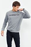 Gri Melanj Yazı Nakışlı O Yaka Rahat Form Erkek Sweatshirt - 88020 | XL
