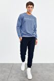 Petrol Yazı Nakışlı O Yaka Rahat Form Erkek Sweatshirt - 88020 | S