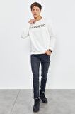 Ekru Yazı Nakışlı O Yaka Rahat Form Erkek Sweatshirt - 88020 | XXL