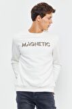 Ekru Yazı Nakışlı O Yaka Rahat Form Erkek Sweatshirt - 88020 | XXL