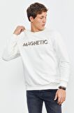 Ekru Yazı Nakışlı O Yaka Rahat Form Erkek Sweatshirt - 88020 | XXL