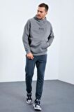 Gri Melanj Mars Yazı Ve Sırt Baskılı Kapüşonlu Rahat Form Erkek Sweatshirt - 88032 | S