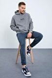 Gri Melanj Mars Yazı Ve Sırt Baskılı Kapüşonlu Rahat Form Erkek Sweatshirt - 88032 | S