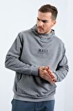 Gri Melanj Mars Yazı Ve Sırt Baskılı Kapüşonlu Rahat Form Erkek Sweatshirt - 88032 | S