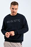 Lacivert Yazı Nakışlı O Yaka Rahat Form Erkek Sweatshirt - 88020 | XXL