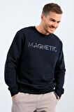 Lacivert Yazı Nakışlı O Yaka Rahat Form Erkek Sweatshirt - 88020 | XXL