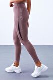 Gül Kurusu Yarım Şerit Detaylı Yüksek Bel Slim Fit Kadın Tayt  - 94609 | L