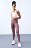 Gül Kurusu Yarım Şerit Detaylı Yüksek Bel Slim Fit Kadın Tayt  - 94609 | L