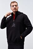 Siyah Nakış Detaylı Yarım Fermuar Kapüşonlu Erkek Sweatshirt  - 88033 | S