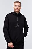 Siyah Nakış Detaylı Yarım Fermuar Kapüşonlu Erkek Sweatshirt  - 88033 | S