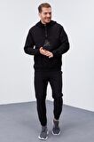 Siyah Nakış Detaylı Yarım Fermuar Kapüşonlu Erkek Sweatshirt  - 88033 | S