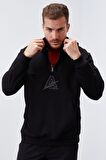 Siyah Nakış Detaylı Yarım Fermuar Kapüşonlu Erkek Sweatshirt  - 88033 | S