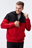Kırmızı Nakış Detaylı Yarım Fermuar Kapüşonlu Erkek Sweatshirt  - 88033 | S