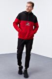 Kırmızı Nakış Detaylı Yarım Fermuar Kapüşonlu Erkek Sweatshirt  - 88033 | S
