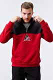 Kırmızı Nakış Detaylı Yarım Fermuar Kapüşonlu Erkek Sweatshirt  - 88033 | S