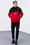 Kırmızı Nakış Detaylı Yarım Fermuar Kapüşonlu Erkek Sweatshirt  - 88033 | S