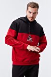 Kırmızı Nakış Detaylı Yarım Fermuar Kapüşonlu Erkek Sweatshirt  - 88033 | S