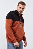 Tarçın Nakış Detaylı Yarım Fermuar Kapüşonlu Erkek Sweatshirt  - 88033 | S