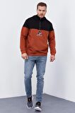 Tarçın Nakış Detaylı Yarım Fermuar Kapüşonlu Erkek Sweatshirt  - 88033 | S