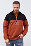 Tarçın Nakış Detaylı Yarım Fermuar Kapüşonlu Erkek Sweatshirt  - 88033 | S