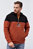 Tarçın Nakış Detaylı Yarım Fermuar Kapüşonlu Erkek Sweatshirt  - 88033 | S