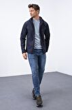 Lacivert Fermuarlı Kapüşonlu Su ve Rüzgar Geçirmez Softshell Erkek Mont - 88051 | S