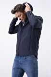 Lacivert Fermuarlı Kapüşonlu Su ve Rüzgar Geçirmez Softshell Erkek Mont - 88051 | S