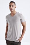 Koyu Bej Basic Kısa Kol Standart Kalıp V Yaka Erkek T-Shirt - 87912 | S