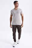 Koyu Bej Basic Kısa Kol Standart Kalıp V Yaka Erkek T-Shirt - 87912 | S