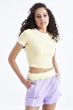 Sarı Basic Kol Detaylı O Yaka Kadın Crop Top  - 97200 | XL