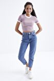 Gül Kurusu Basic Kol Detaylı O Yaka Kadın Crop Top  - 97200 | M