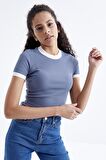 Petrol Basic Kol Detaylı O Yaka Kadın Crop Top  - 97200 | M