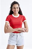Nar Çiçeği Basic Kol Detaylı O Yaka Kadın Crop Top  - 97200 | XL
