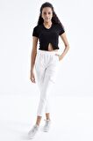 Siyah Basic Önü Yırtmaçlı V Yaka Kadın Crop Top - 97206 | M