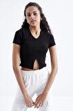Siyah Basic Önü Yırtmaçlı V Yaka Kadın Crop Top - 97206 | M