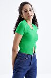Yeşil Basic Önü Yırtmaçlı V Yaka Kadın Crop Top - 97206 | L