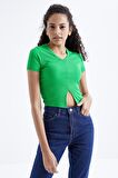 Yeşil Basic Önü Yırtmaçlı V Yaka Kadın Crop Top - 97206 | XL