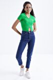 Yeşil Basic Önü Yırtmaçlı V Yaka Kadın Crop Top - 97206 | XL