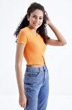 Oranj Basic Önü Yırtmaçlı V Yaka Kadın Crop Top - 97206 | S
