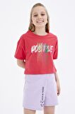 Rose Renkli Yazı Baskılı O Yaka Oversize Düşük Omuz Kız Çocuk Crop T-Shirt  - 75036 | 14-15 Yaş