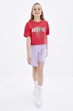 Rose Renkli Yazı Baskılı O Yaka Oversize Düşük Omuz Kız Çocuk Crop T-Shirt  - 75036 | 14-15 Yaş