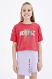 Rose Renkli Yazı Baskılı O Yaka Oversize Düşük Omuz Kız Çocuk Crop T-Shirt  - 75036 | 14-15 Yaş