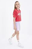 Rose Renkli Yazı Baskılı O Yaka Oversize Düşük Omuz Kız Çocuk Crop T-Shirt  - 75036 | 14-15 Yaş