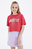 Rose Renkli Yazı Baskılı O Yaka Oversize Düşük Omuz Kız Çocuk Crop T-Shirt  - 75036 | 14-15 Yaş