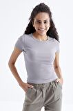 Tommy Life  Gri Basic Kısa Kol O Yaka Kadın Crop Top - 97202 | S