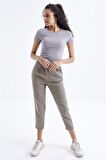 Tommy Life  Gri Basic Kısa Kol O Yaka Kadın Crop Top - 97202 | S