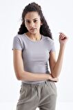 Tommy Life  Gri Basic Kısa Kol O Yaka Kadın Crop Top - 97202 | S