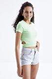Fıstık Yeşil Basic Yanı Pencereli O Yaka Kadın Crop Top - 97207 | L