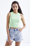 Fıstık Yeşil Basic Kolsuz O Yaka Kadın Crop Top - 97204 | XL